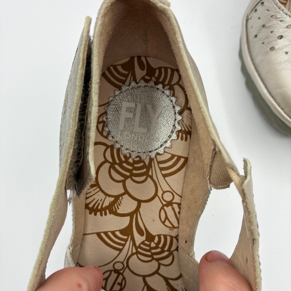 Fly London Yepe Wedge Sandals Womens 38 7.5-8 Gold Leather Perforated Mary Jane - Picture 11 of 15